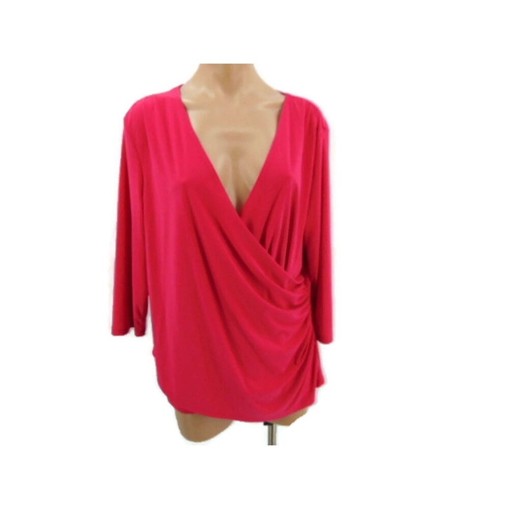Travelsmith Pink Surplice Knit Top L P Petite Faux Wrap Ruched Side Draped V